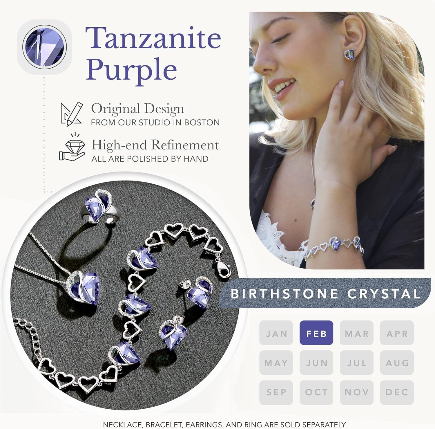 imageLeafael Infinity Love Heart Gift Bracelet for Women Birthstone or Healing Stone Crystal Silver Tone 7inch Chain and 2inch Extender02bFebruaryTanzanite Purple