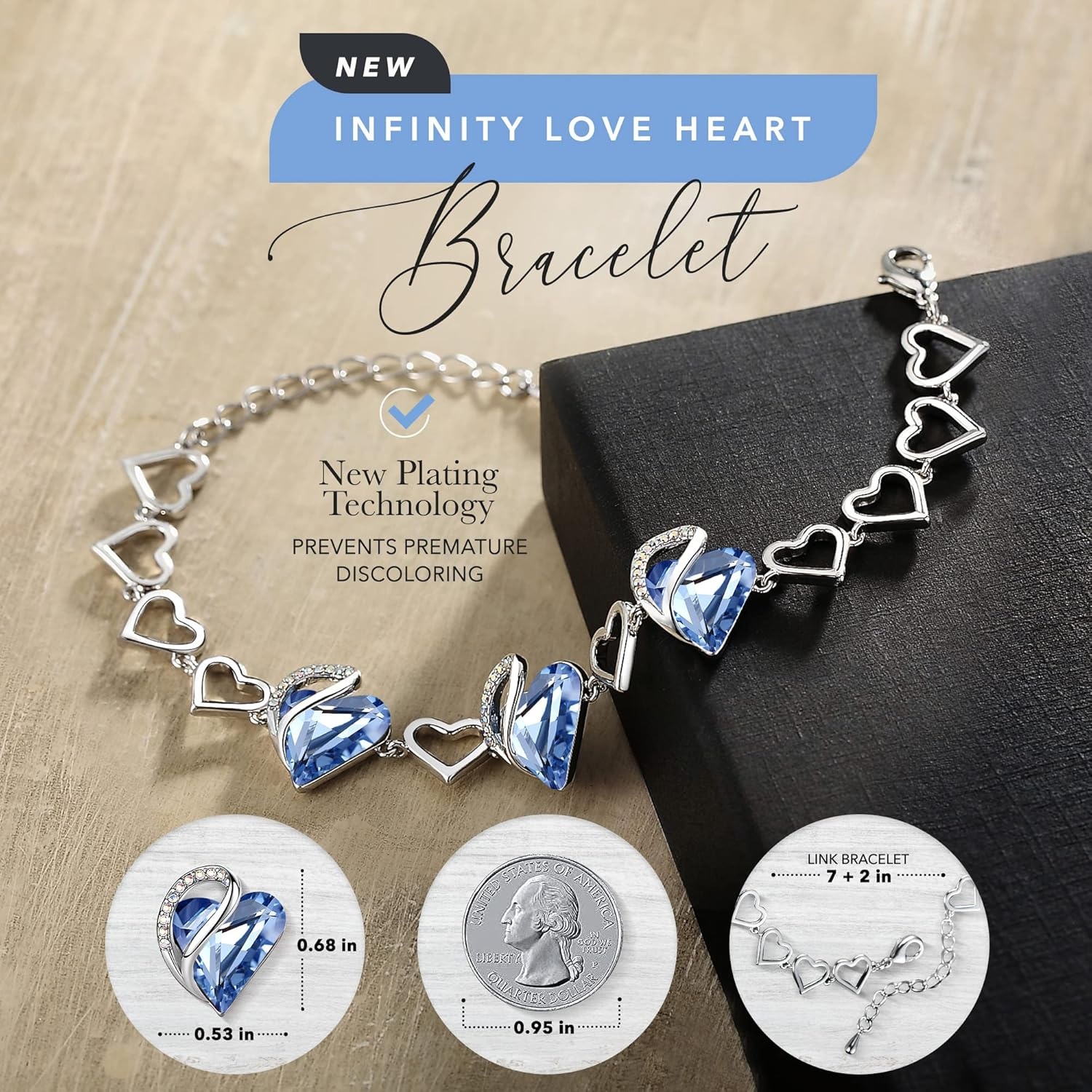 imageLeafael Infinity Love Heart Gift Bracelet for Women Birthstone or Healing Stone Crystal Silver Tone 7inch Chain and 2inch Extender03March DecemberLight Sapphire Blue
