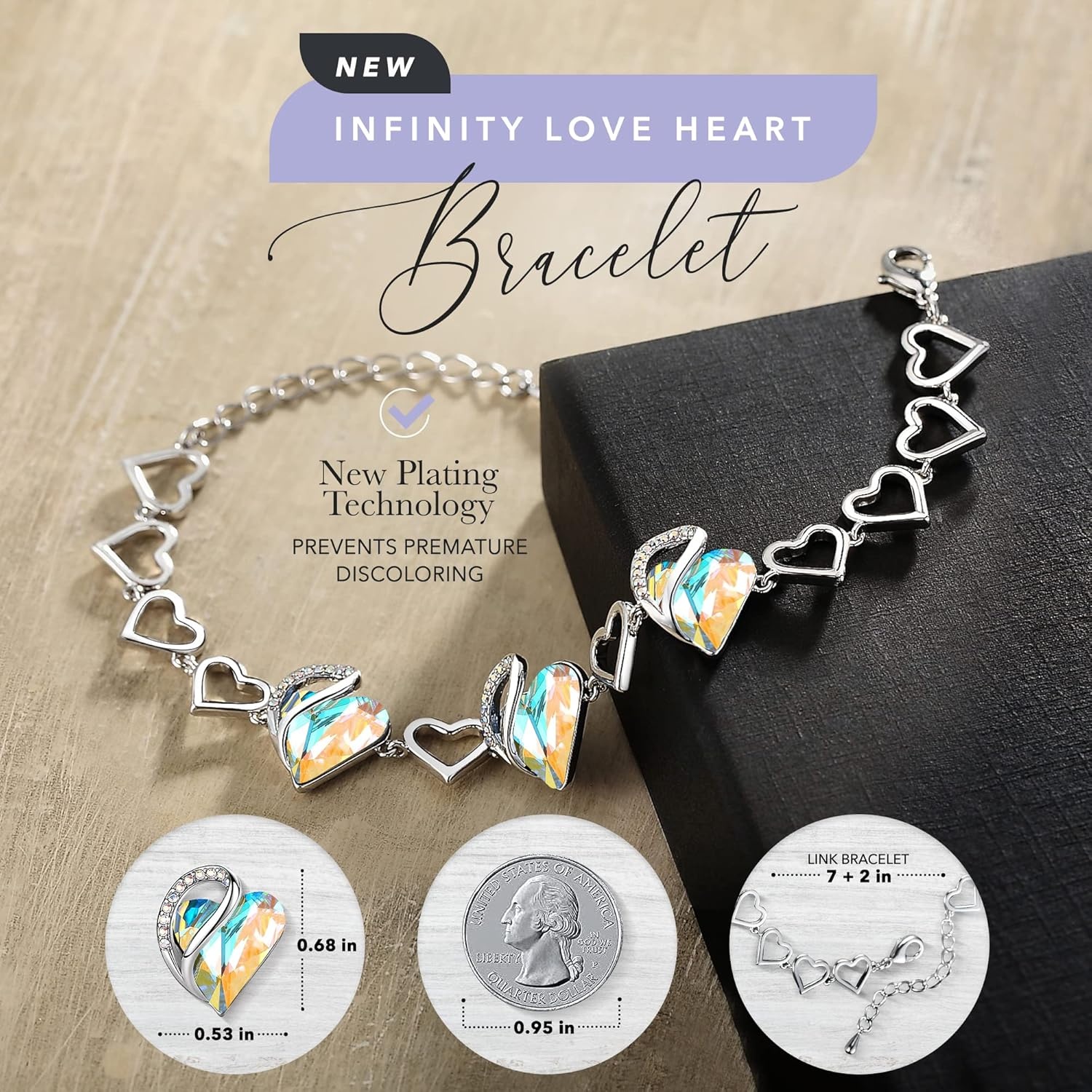 imageLeafael Infinity Love Heart Gift Bracelet for Women Birthstone or Healing Stone Crystal Silver Tone 7inch Chain and 2inch Extender04AprilRainbow Opal White