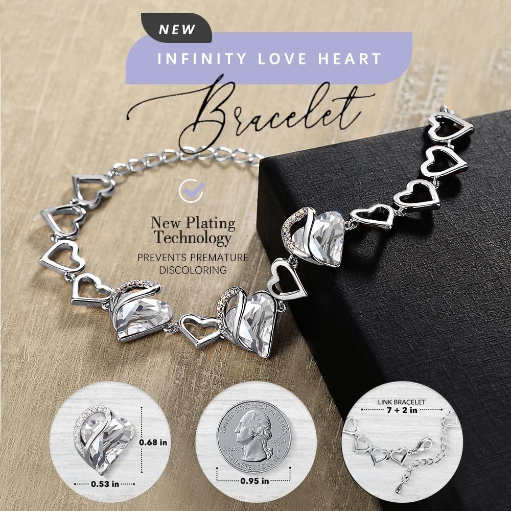 imageLeafael Infinity Love Heart Gift Bracelet for Women Birthstone or Healing Stone Crystal Silver Tone 7inch Chain and 2inch Extender04aAprilClear White Crystal