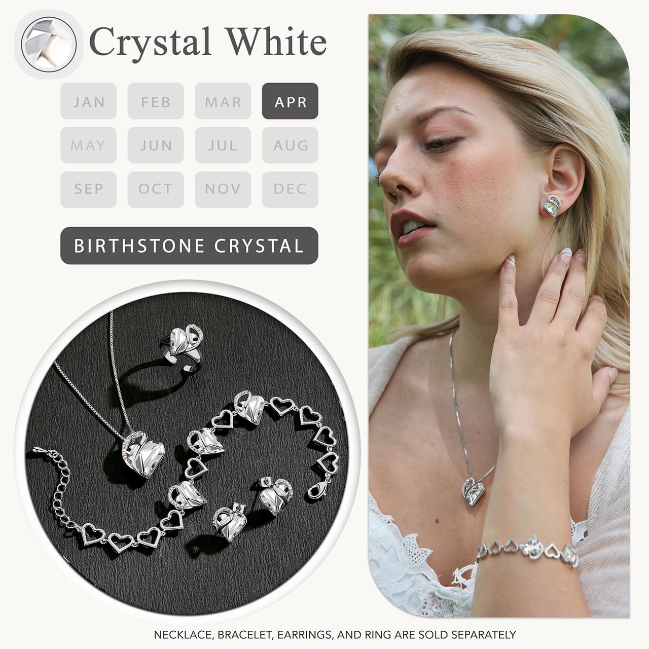imageLeafael Infinity Love Heart Gift Bracelet for Women Birthstone or Healing Stone Crystal Silver Tone 7inch Chain and 2inch Extender04aAprilClear White Crystal