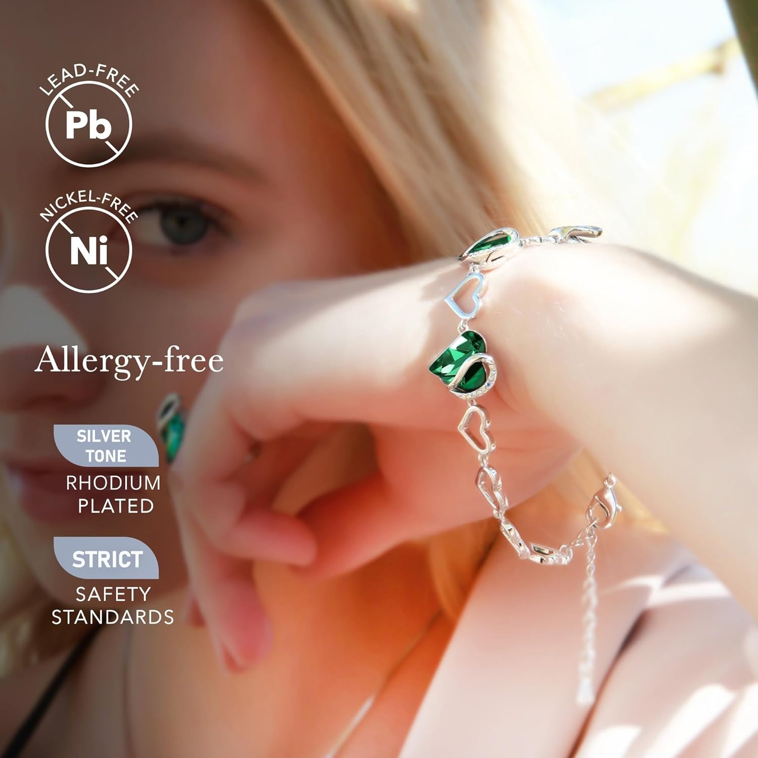 imageLeafael Infinity Love Heart Gift Bracelet for Women Birthstone or Healing Stone Crystal Silver Tone 7inch Chain and 2inch Extender05MayEmerald Green