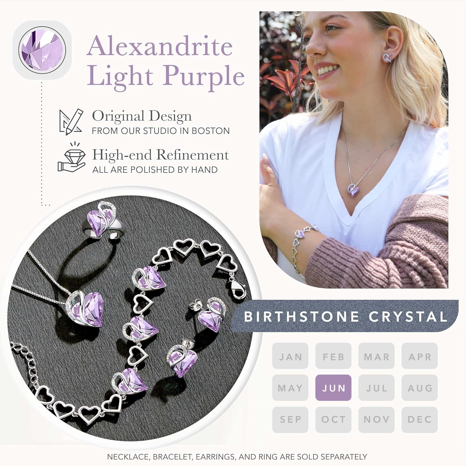 imageLeafael Infinity Love Heart Gift Bracelet for Women Birthstone or Healing Stone Crystal Silver Tone 7inch Chain and 2inch Extender06JuneAlexandrite Light Purple