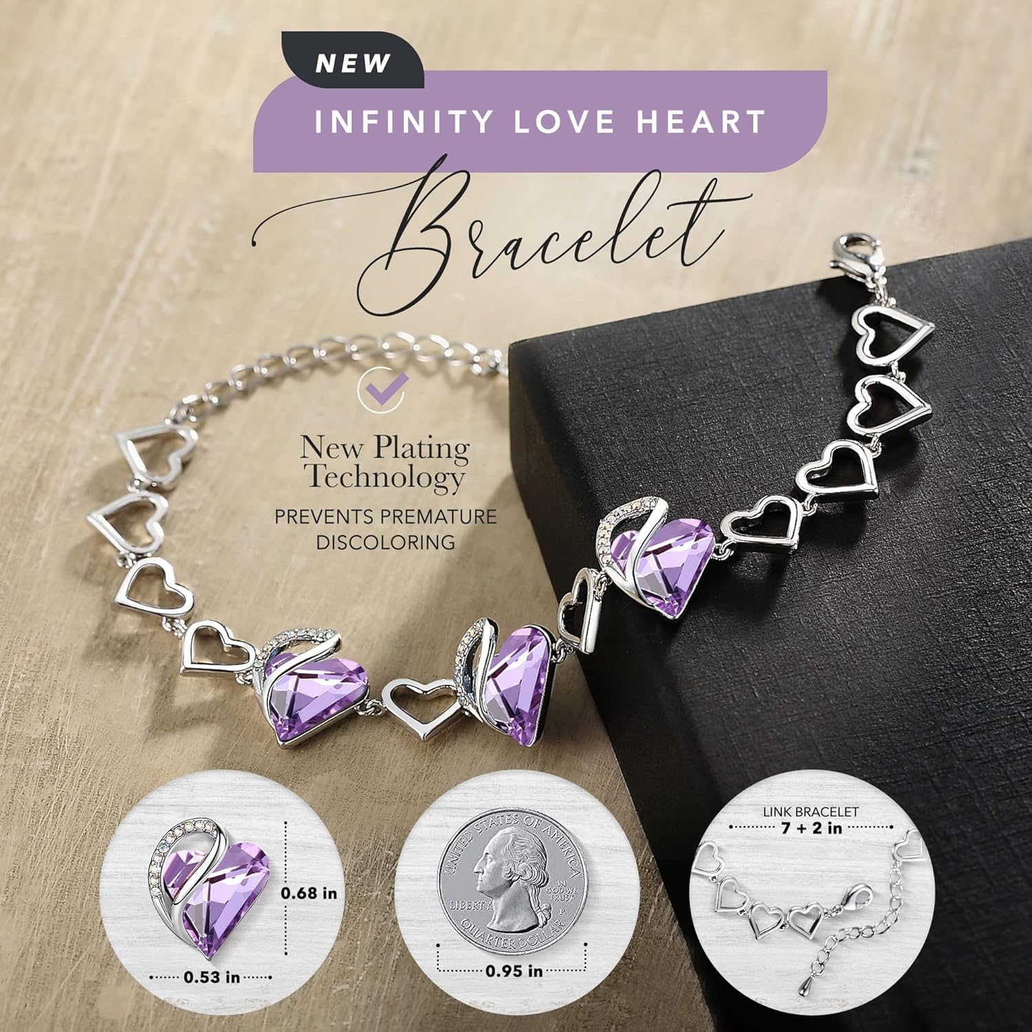 imageLeafael Infinity Love Heart Gift Bracelet for Women Birthstone or Healing Stone Crystal Silver Tone 7inch Chain and 2inch Extender06JuneAlexandrite Light Purple