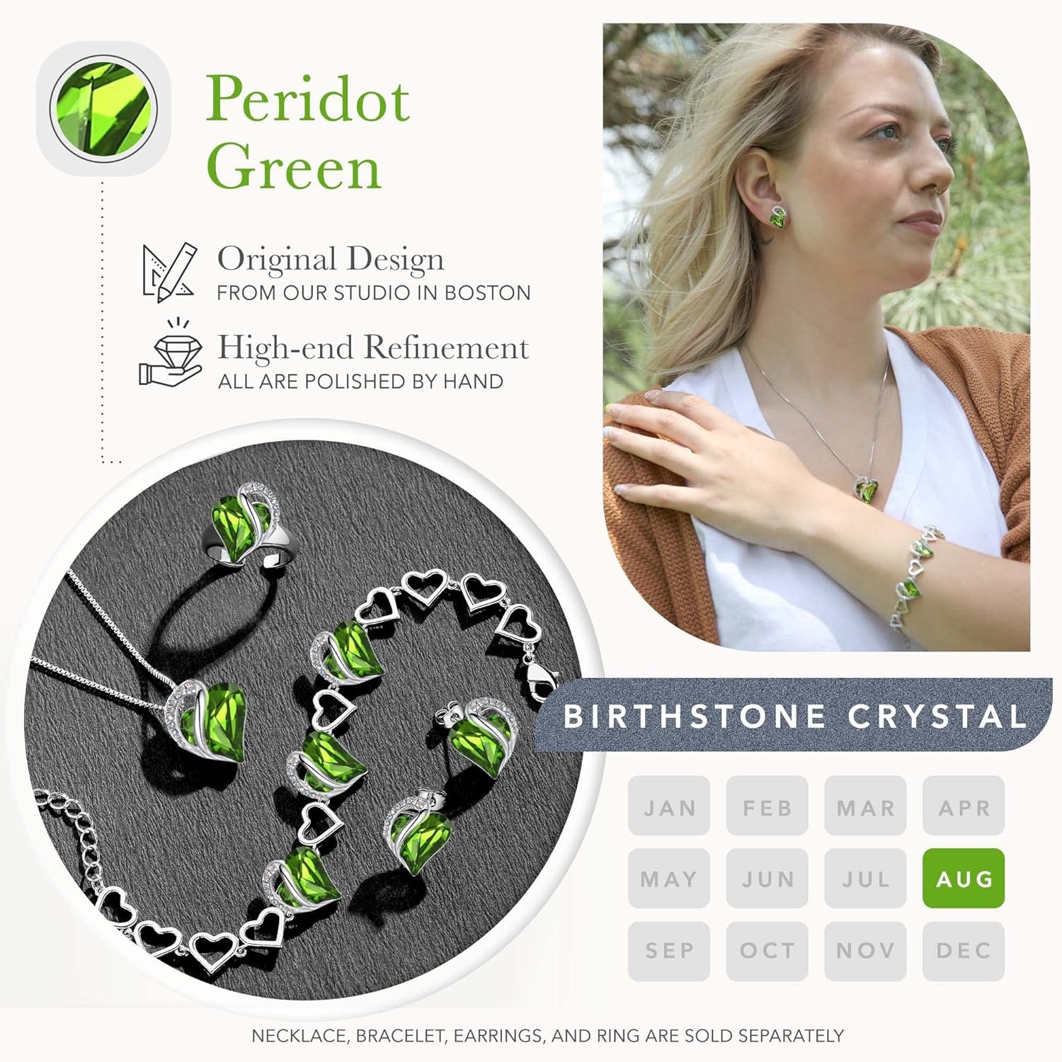 imageLeafael Infinity Love Heart Gift Bracelet for Women Birthstone or Healing Stone Crystal Silver Tone 7inch Chain and 2inch Extender08AugustPeridot Green