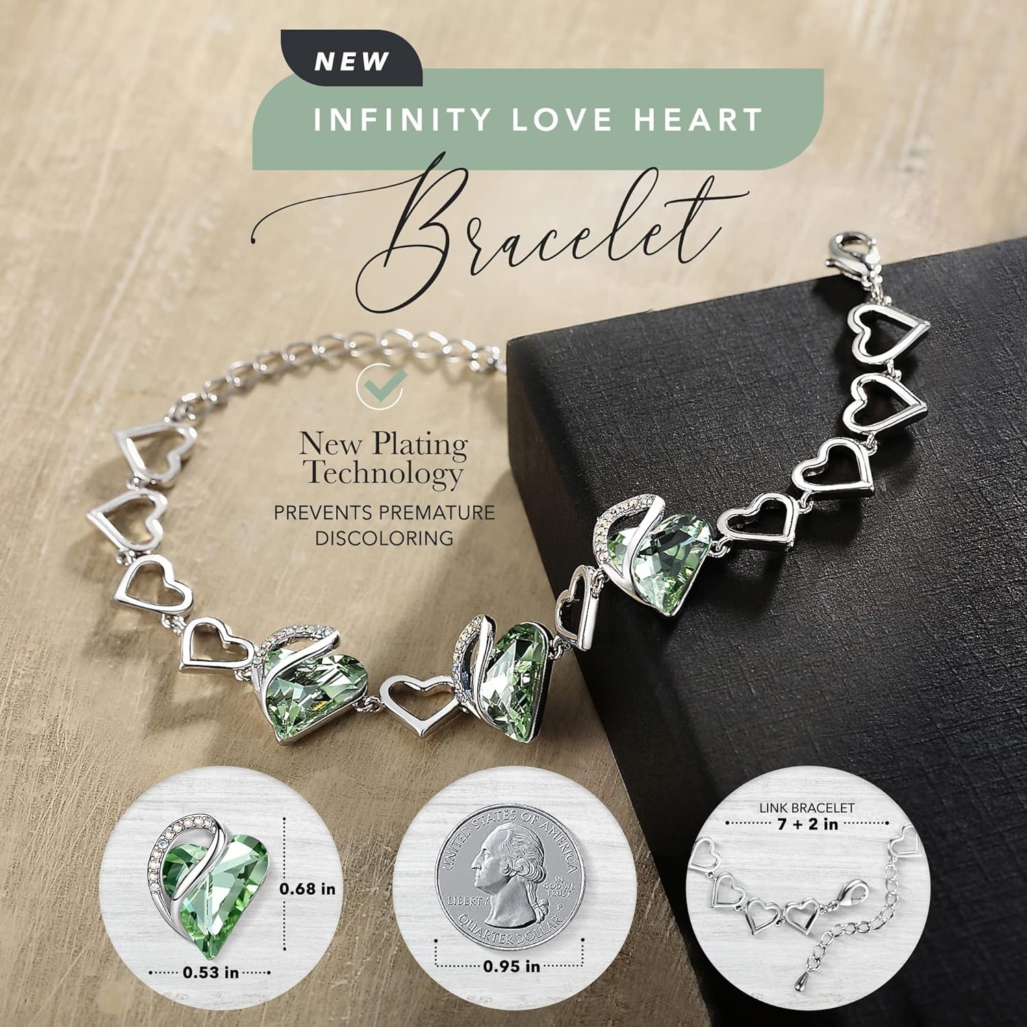 imageLeafael Infinity Love Heart Gift Bracelet for Women Birthstone or Healing Stone Crystal Silver Tone 7inch Chain and 2inch Extender08bAugustHealing Stone for ConfidenceLight Chrysolite Green