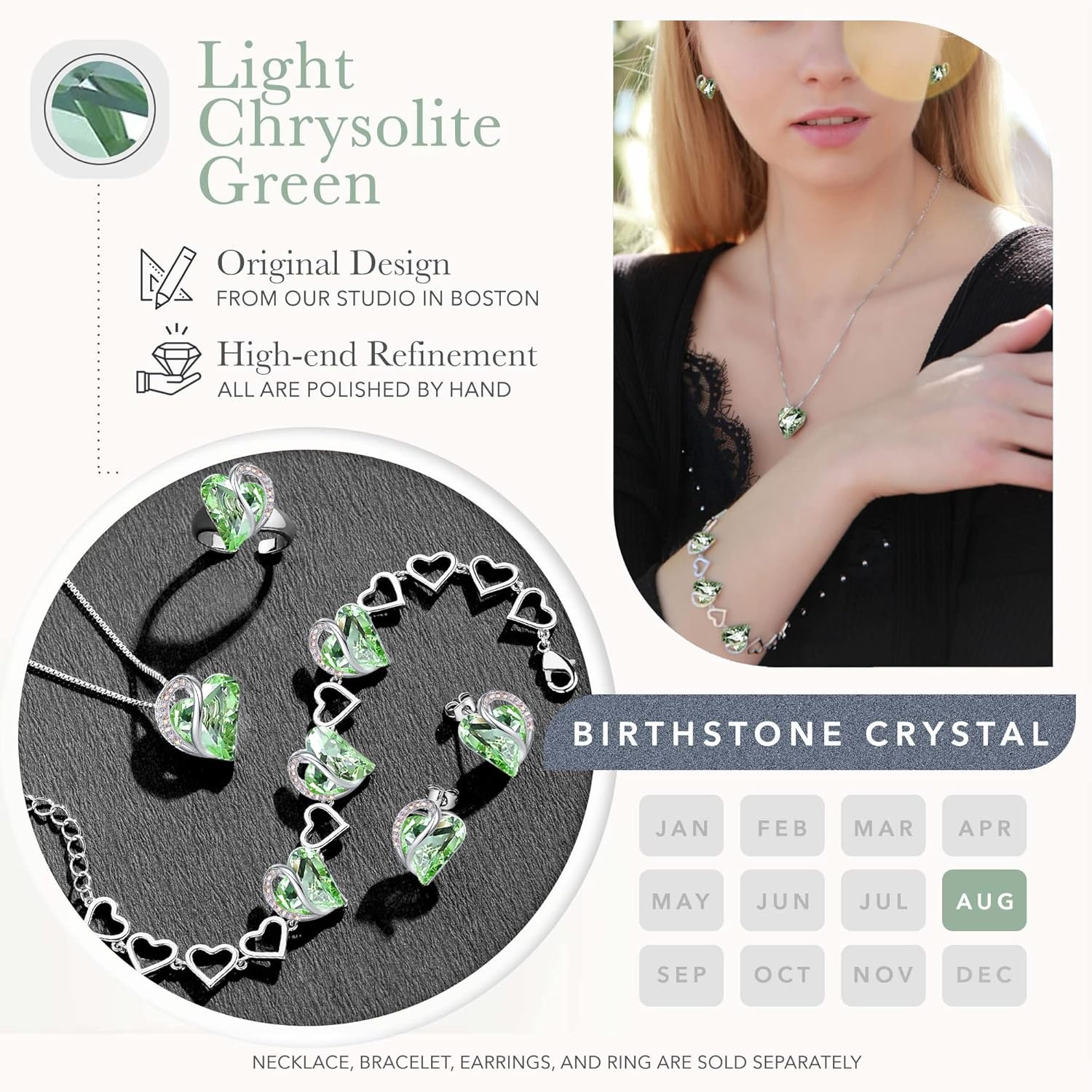 imageLeafael Infinity Love Heart Gift Bracelet for Women Birthstone or Healing Stone Crystal Silver Tone 7inch Chain and 2inch Extender08bAugustHealing Stone for ConfidenceLight Chrysolite Green