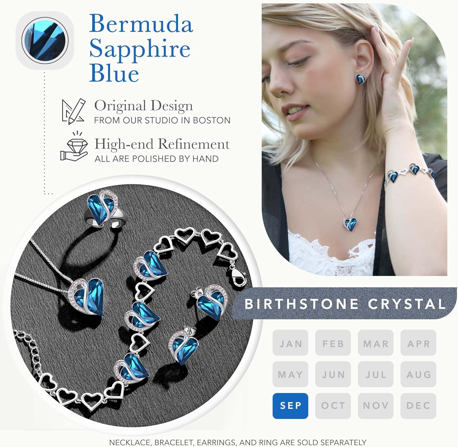 imageLeafael Infinity Love Heart Gift Bracelet for Women Birthstone or Healing Stone Crystal Silver Tone 7inch Chain and 2inch Extender09aSeptemberBermuda Sapphire Blue