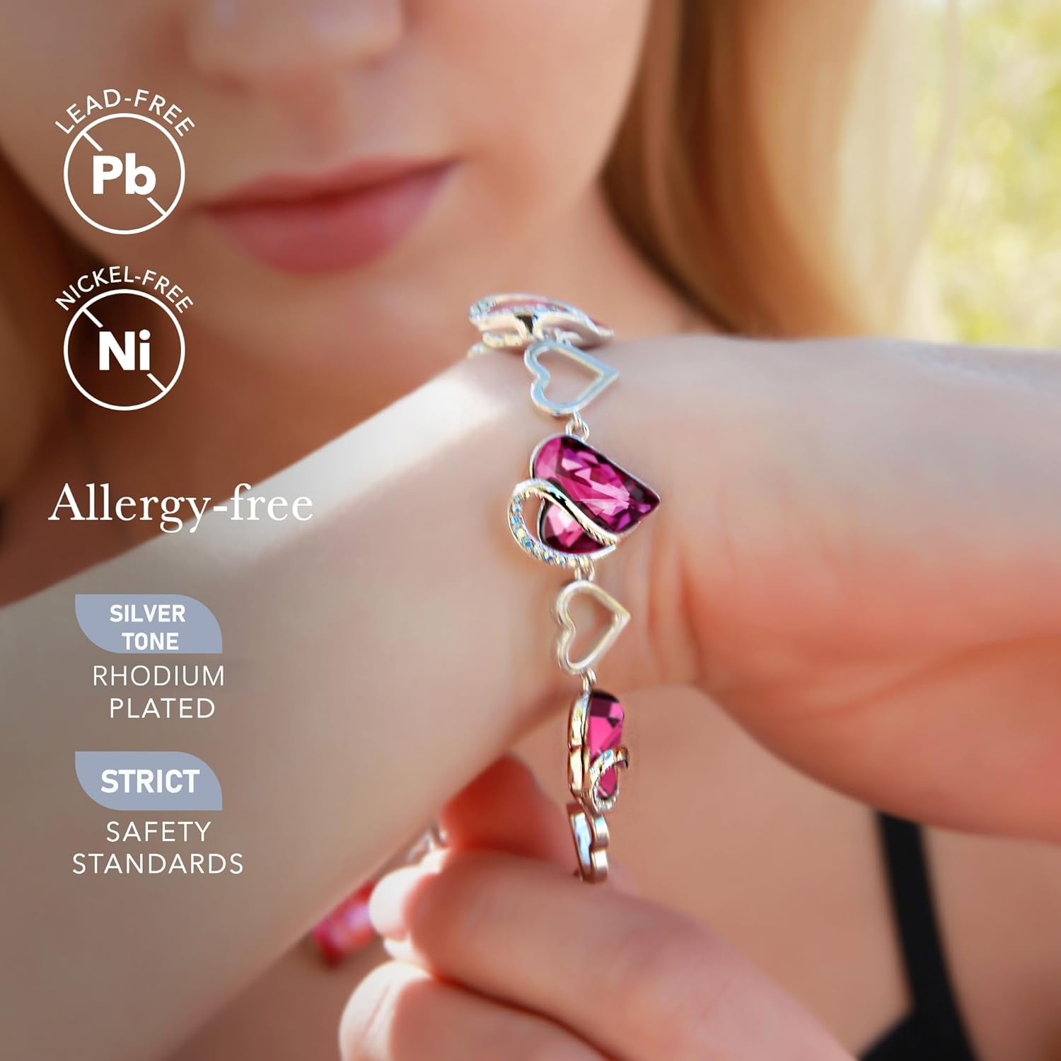 imageLeafael Infinity Love Heart Gift Bracelet for Women Birthstone or Healing Stone Crystal Silver Tone 7inch Chain and 2inch Extender10aOctoberTourmaline Hot Pink