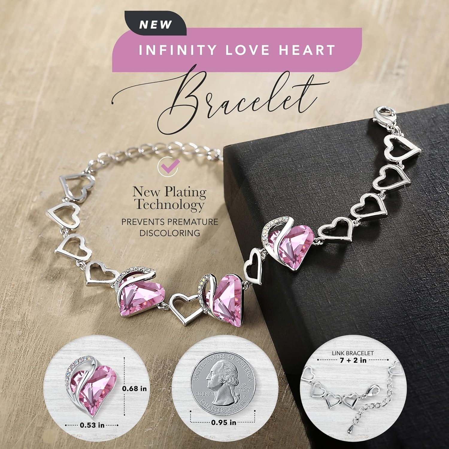 imageLeafael Infinity Love Heart Gift Bracelet for Women Birthstone or Healing Stone Crystal Silver Tone 7inch Chain and 2inch Extender10bOctoberHealing Stone for LoveRose Quartz Pink