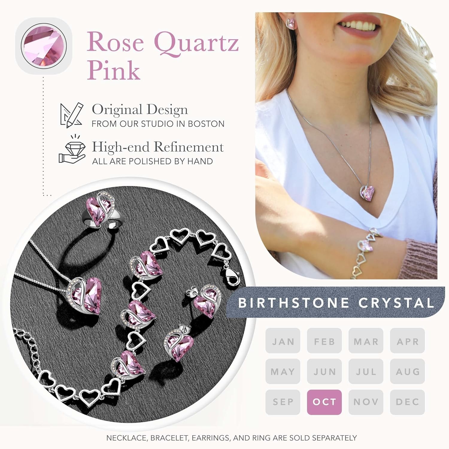 imageLeafael Infinity Love Heart Gift Bracelet for Women Birthstone or Healing Stone Crystal Silver Tone 7inch Chain and 2inch Extender10bOctoberHealing Stone for LoveRose Quartz Pink