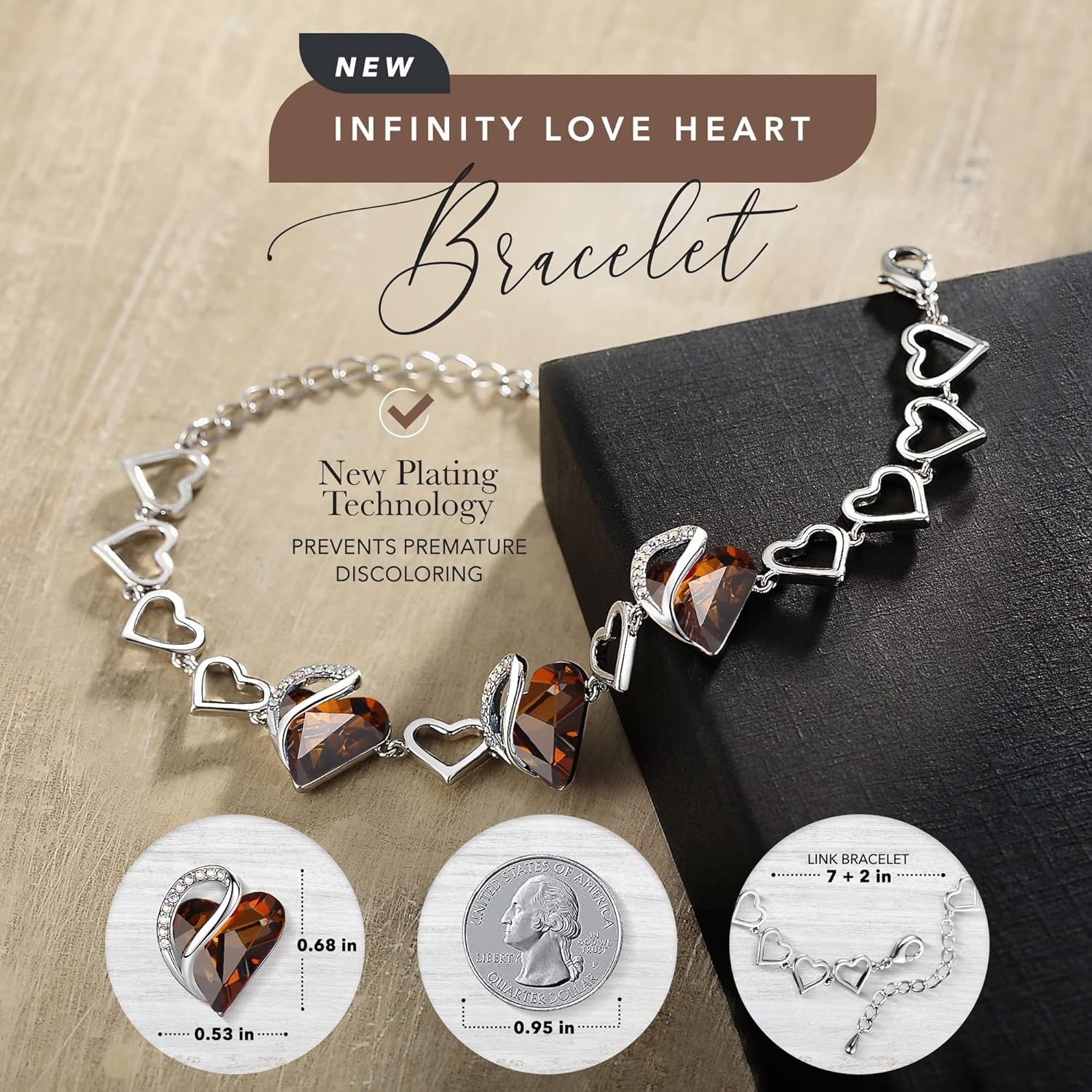 imageLeafael Infinity Love Heart Gift Bracelet for Women Birthstone or Healing Stone Crystal Silver Tone 7inch Chain and 2inch Extender11cNovemberHealing Stone for Stress ReliefDark Topaz Brown