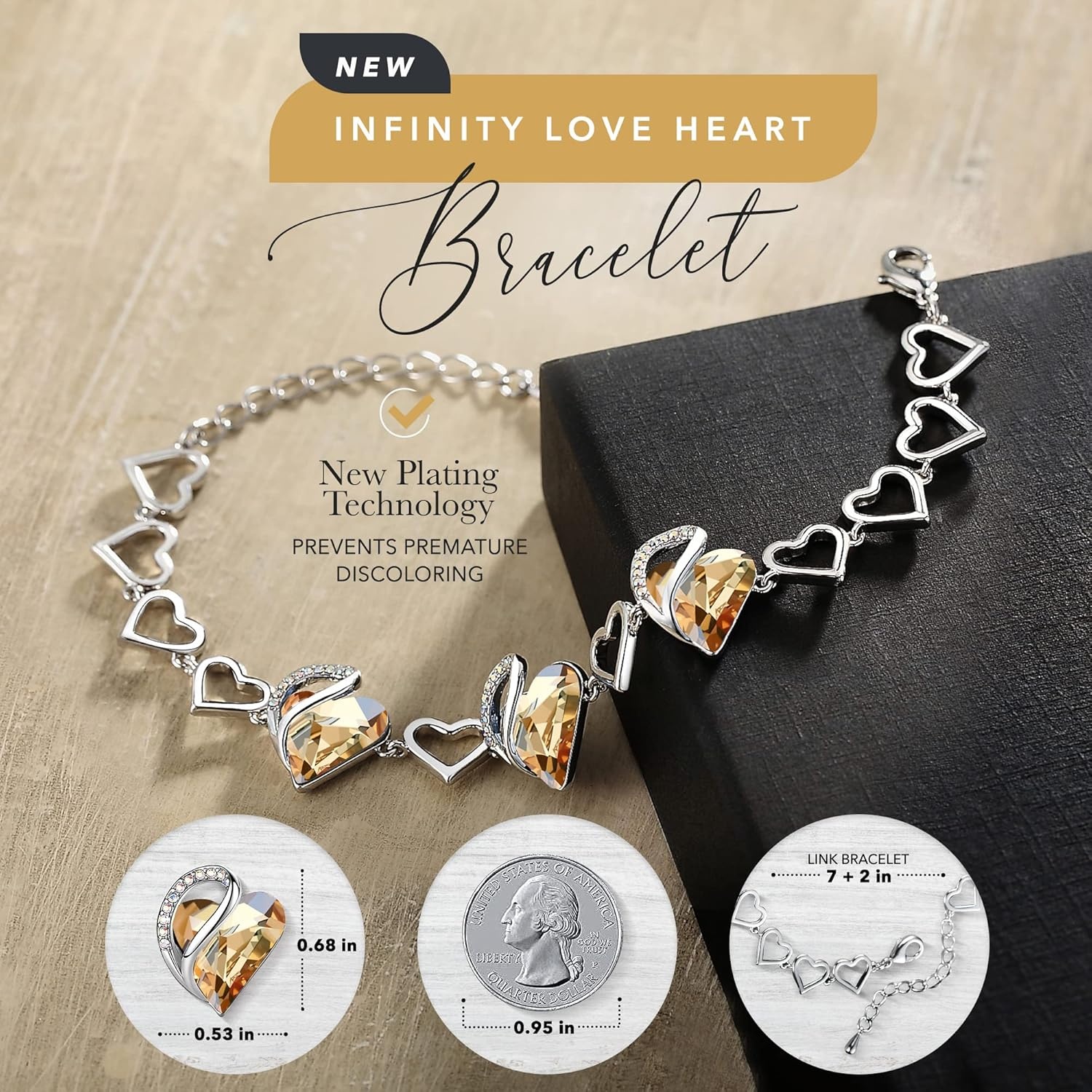 imageLeafael Infinity Love Heart Gift Bracelet for Women Birthstone or Healing Stone Crystal Silver Tone 7inch Chain and 2inch Extender11cNovemberSilver ToneHealing Stone for PowerYellow Shade