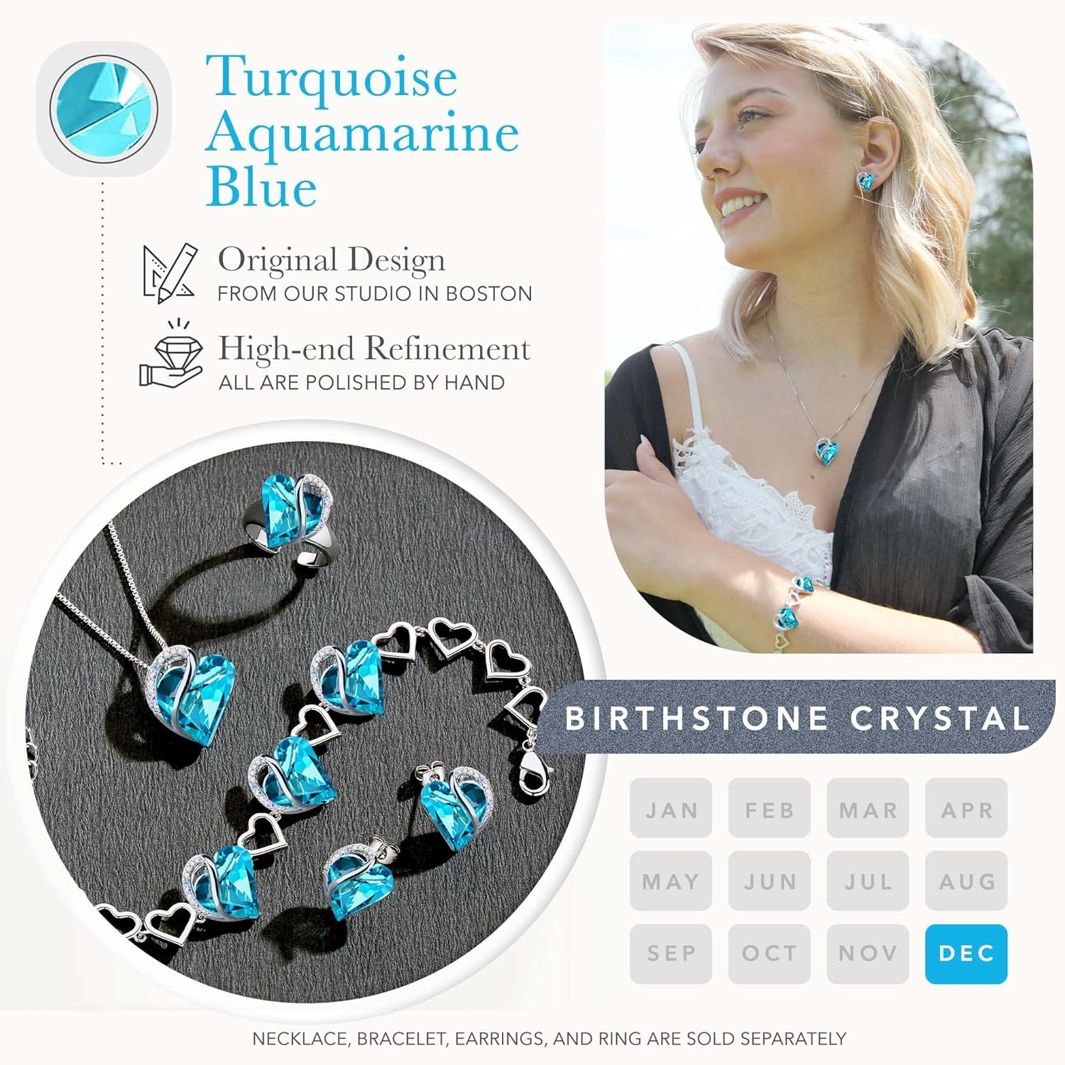imageLeafael Infinity Love Heart Gift Bracelet for Women Birthstone or Healing Stone Crystal Silver Tone 7inch Chain and 2inch Extender12DecemberTurquoise Aquamarine Blue