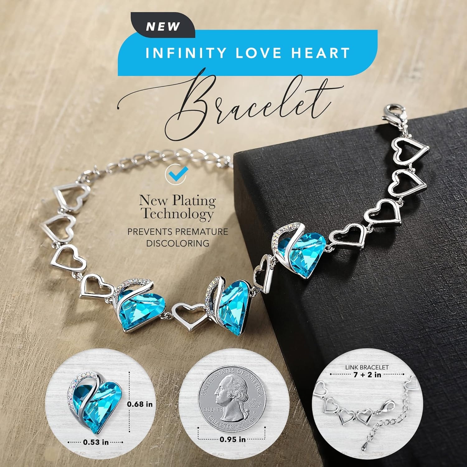 imageLeafael Infinity Love Heart Gift Bracelet for Women Birthstone or Healing Stone Crystal Silver Tone 7inch Chain and 2inch Extender12DecemberTurquoise Aquamarine Blue