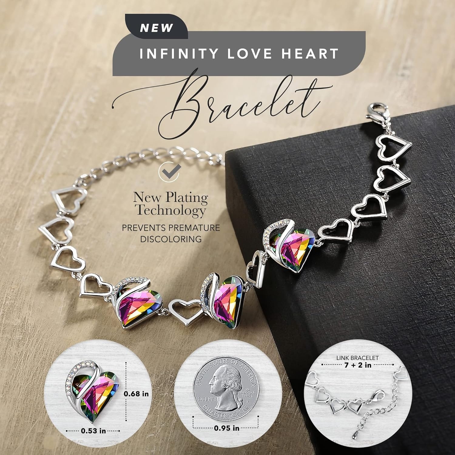 imageLeafael Infinity Love Heart Gift Bracelet for Women Birthstone or Healing Stone Crystal Silver Tone 7inch Chain and 2inch Extender14Healing Stone for ProtectionRainbow Tourmaline Black