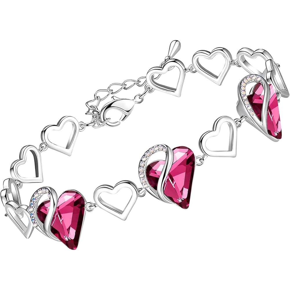 imageLeafael Infinity Love Heart Gift Bracelet for Women Birthstone or Healing Stone Crystal Silver Tone 7inch Chain and 2inch Extender10aOctoberTourmaline Hot Pink