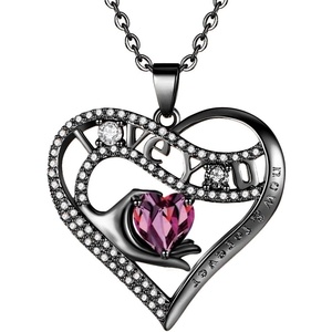Leafael Gift Necklaces for Women, Heart in Hand I Love You Birthstone Crystal for 12 Months, Birthday Anniversary Jewelry for Wife Girlfriend Mom, Rose Gold or Gunmetal Plated, 18″ + 2″ Chain(14-February-Amethyst Dark Pink-Gunmetal Plated)