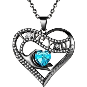 Leafael Gift Necklaces for Women, Heart in Hand I Love You Birthstone Crystal for 12 Months, Birthday Anniversary Jewelry for Wife Girlfriend Mom, Rose Gold or Gunmetal Plated, 18″ + 2″ Chain(15-March-Aquamarine Light Blue-Gunmetal Plated)
