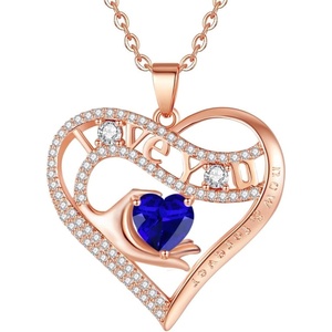 Leafael Gift Necklaces for Women, Heart in Hand I Love You Birthstone Crystal for 12 Months, Birthday Anniversary Jewelry for Wife Girlfriend Mom, Rose Gold or Gunmetal Plated, 18″ + 2″ Chain(09-September-Sapphire Blue-Rose Gold Plated)