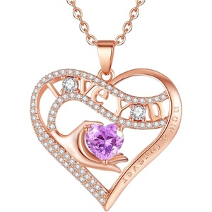 Leafael Gift Necklaces for Women, Heart in Hand I Love You Birthstone Crystal for 12 Months, Birthday Anniversary Jewelry for Wife Girlfriend Mom, Rose Gold or Gunmetal Plated, 18″ + 2″ Chain(06-June-Alexandrite Light Purple-Rose Gold Plated)