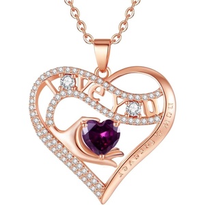 Leafael Gift Necklaces for Women, Heart in Hand I Love You Birthstone Crystal for 12 Months, Birthday Anniversary Jewelry for Wife Girlfriend Mom, Rose Gold or Gunmetal Plated, 18″ + 2″ Chain(02-February-Amethyst Dark Pink-Rose Gold Plated)