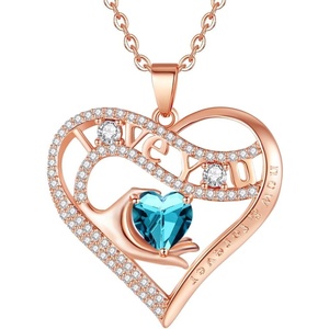 Leafael Gift Necklaces for Women, Heart in Hand I Love You Birthstone Crystal for 12 Months, Birthday Anniversary Jewelry for Wife Girlfriend Mom, Rose Gold or Gunmetal Plated, 18″ + 2″ Chain(12-December-Blue Topaz-Rose Gold Plated)