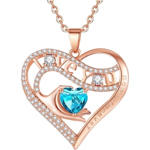 Leafael Gift Necklaces for Women, Heart in Hand I Love You Birthstone Crystal for 12 Months, Birthday Anniversary Jewelry for Wife Girlfriend Mom, Rose Gold or Gunmetal Plated, 18″ + 2″ Chain(03-March-Aquamarine Light Blue-Rose Gold Plated)