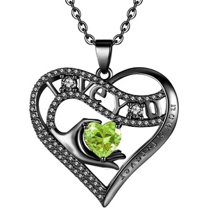 Leafael Gift Necklaces for Women, Heart in Hand I Love You Birthstone Crystal for 12 Months, Birthday Anniversary Jewelry for Wife Girlfriend Mom, Rose Gold or Gunmetal Plated, 18″ + 2″ Chain(20-August-Peridot Green-Gunmetal Plated)
