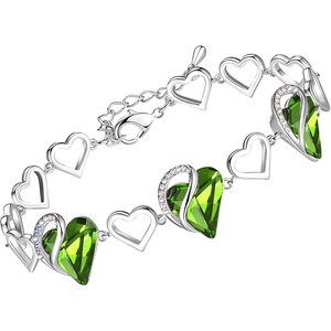 Leafael Infinity Love Heart Gift Bracelet for Women, Birthstone or Healing Stone Crystal, Silver Tone, 7-inch Chain and 2-inch Extender(08-August-Peridot Green)