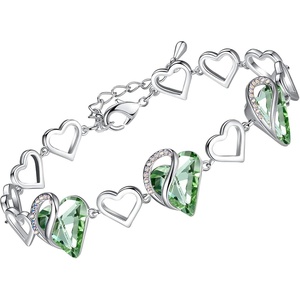 Leafael Infinity Love Heart Gift Bracelet for Women, Birthstone or Healing Stone Crystal, Silver Tone, 7-inch Chain and 2-inch Extender(08b-August-Healing Stone for Confidence-Light Chrysolite Green)