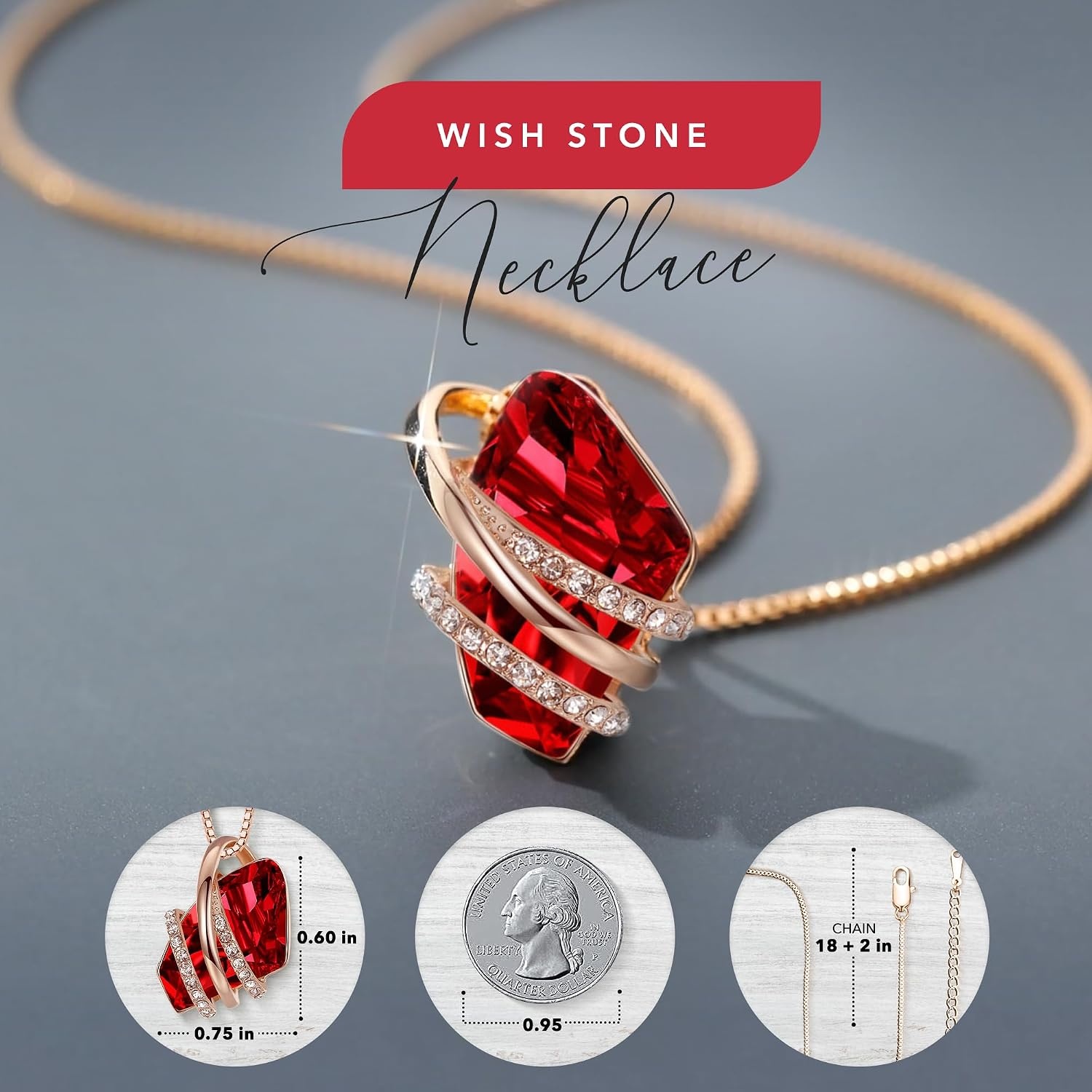 image:imageLeafael Wish Stone Pendant Necklace with Birthstone Crystal 18K Rose Gold PlatedSilvertone 18 2101January JulyRuby RedRose Gold Plated