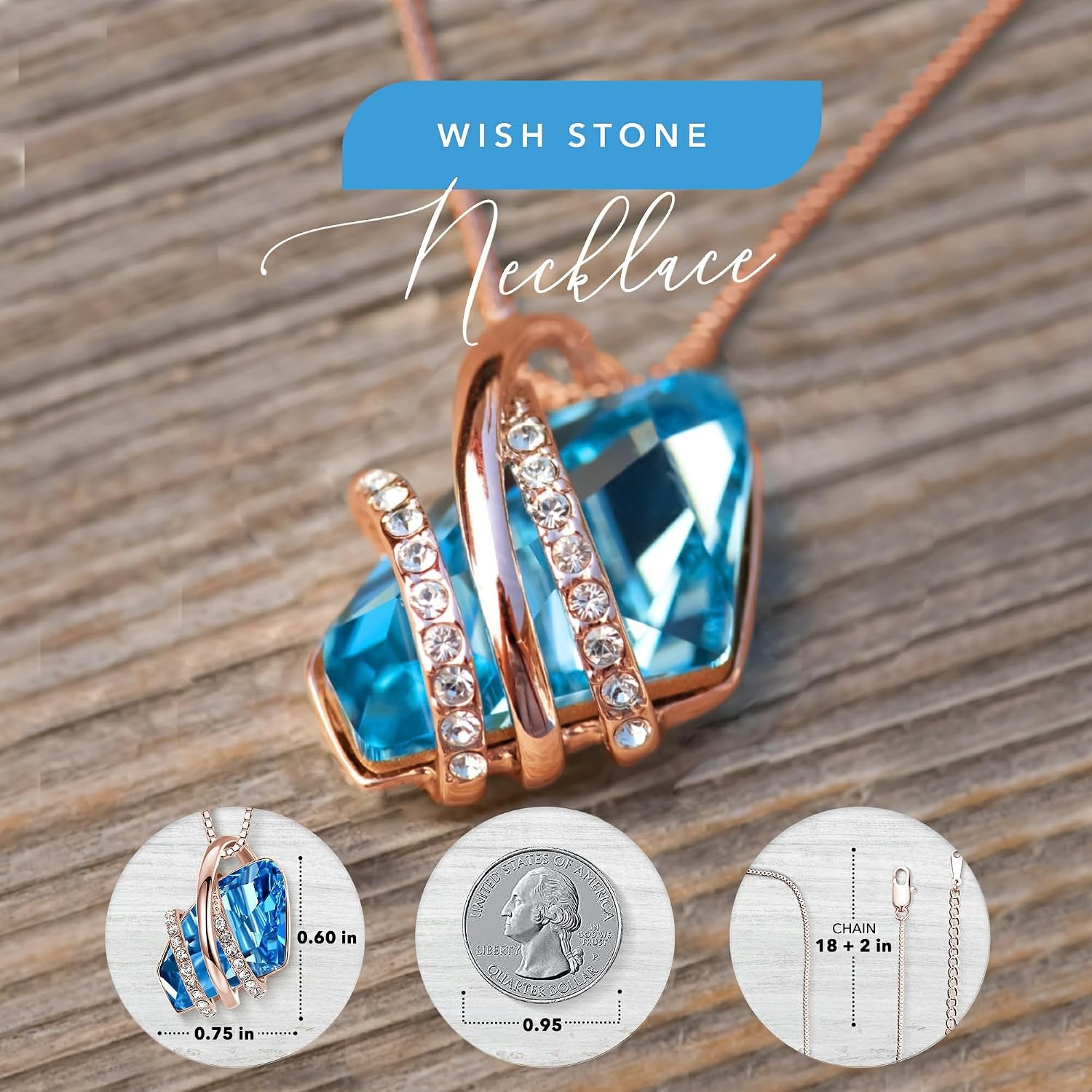 image:imageLeafael Wish Stone Pendant Necklace with Birthstone Crystal 18K Rose Gold PlatedSilvertone 18 2103March DecemberAquamarine BlueRose Gold Plated