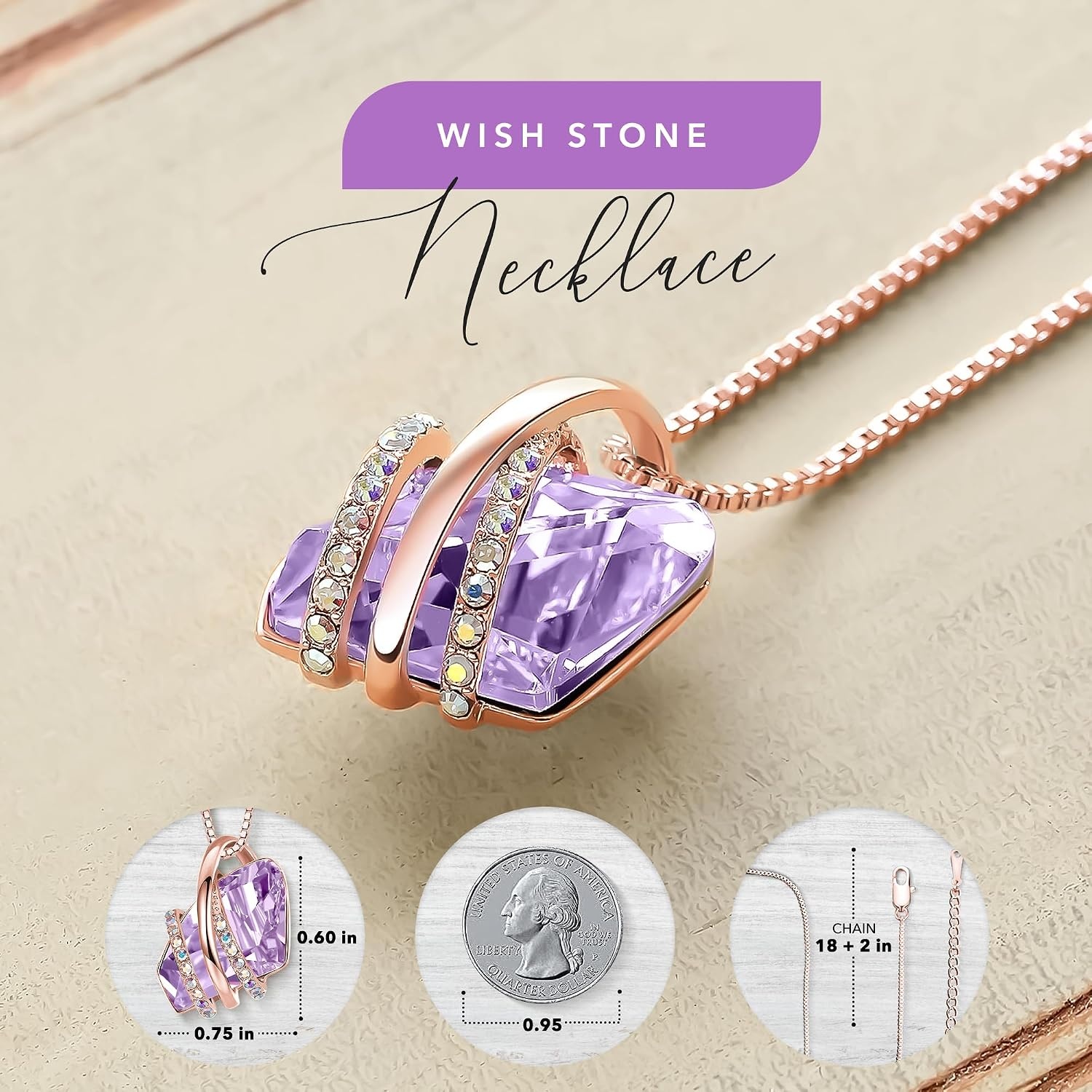 image:imageLeafael Wish Stone Pendant Necklace with Birthstone Crystal 18K Rose Gold PlatedSilvertone 18 2106JuneAlexandrite Light PurpleRose Gold Plated