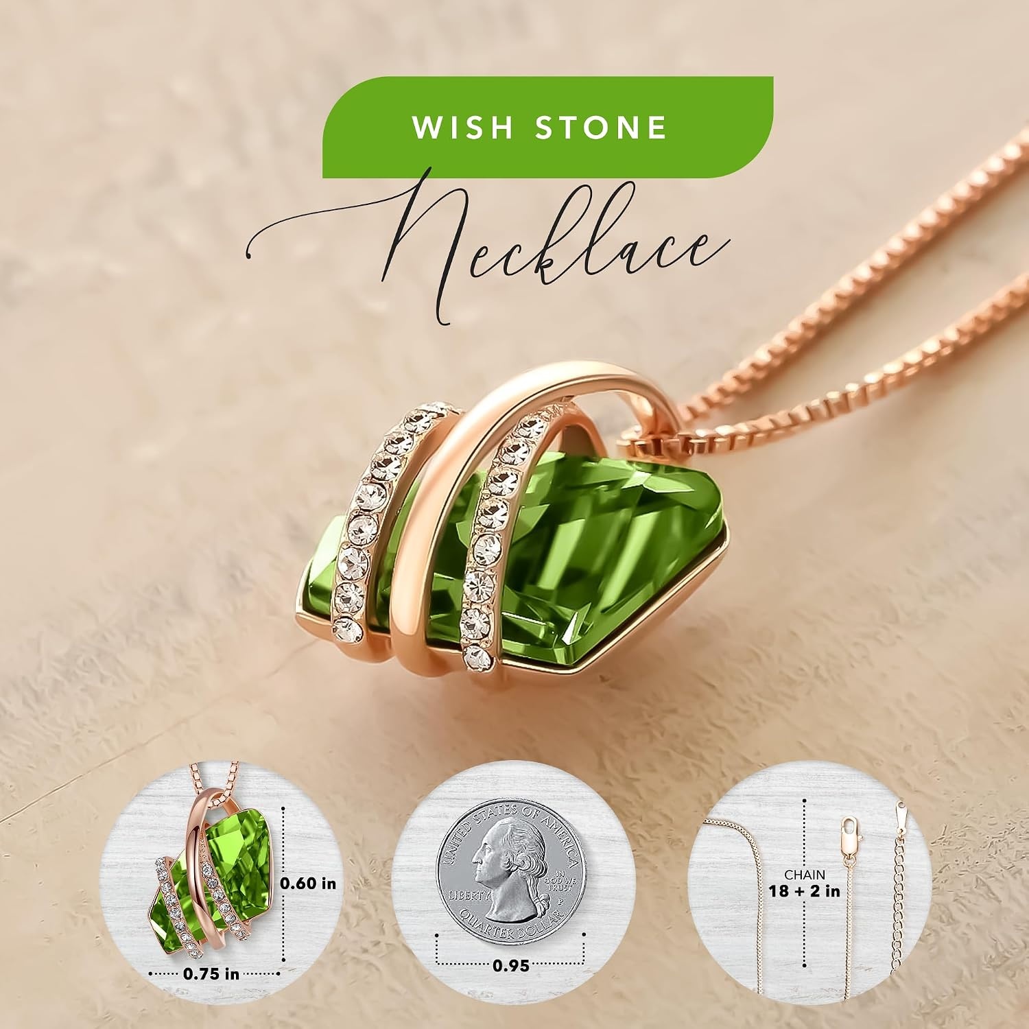 image:imageLeafael Wish Stone Pendant Necklace with Birthstone Crystal 18K Rose Gold PlatedSilvertone 18 2108AugustPeridot GreenRose Gold Plated