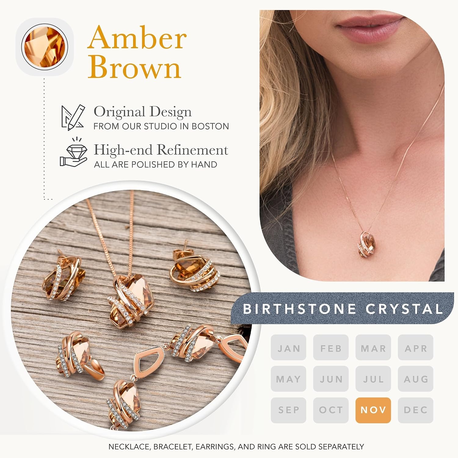 image:imageLeafael Wish Stone Pendant Necklace with Birthstone Crystal 18K Rose Gold PlatedSilvertone 18 2111NovemberAmber BrownRose Gold Plated