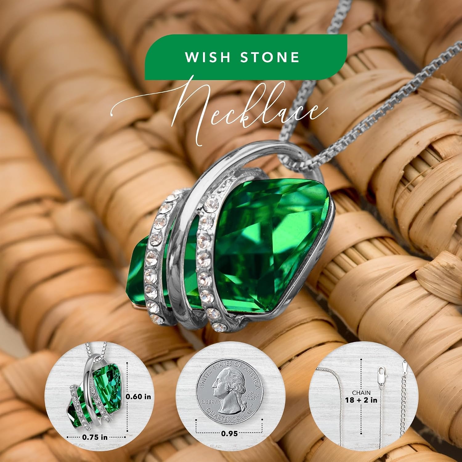 image:imageLeafael Wish Stone Pendant Necklace with Birthstone Crystal 18K Rose Gold PlatedSilvertone 18 2205MayEmerald GreenSilvertone