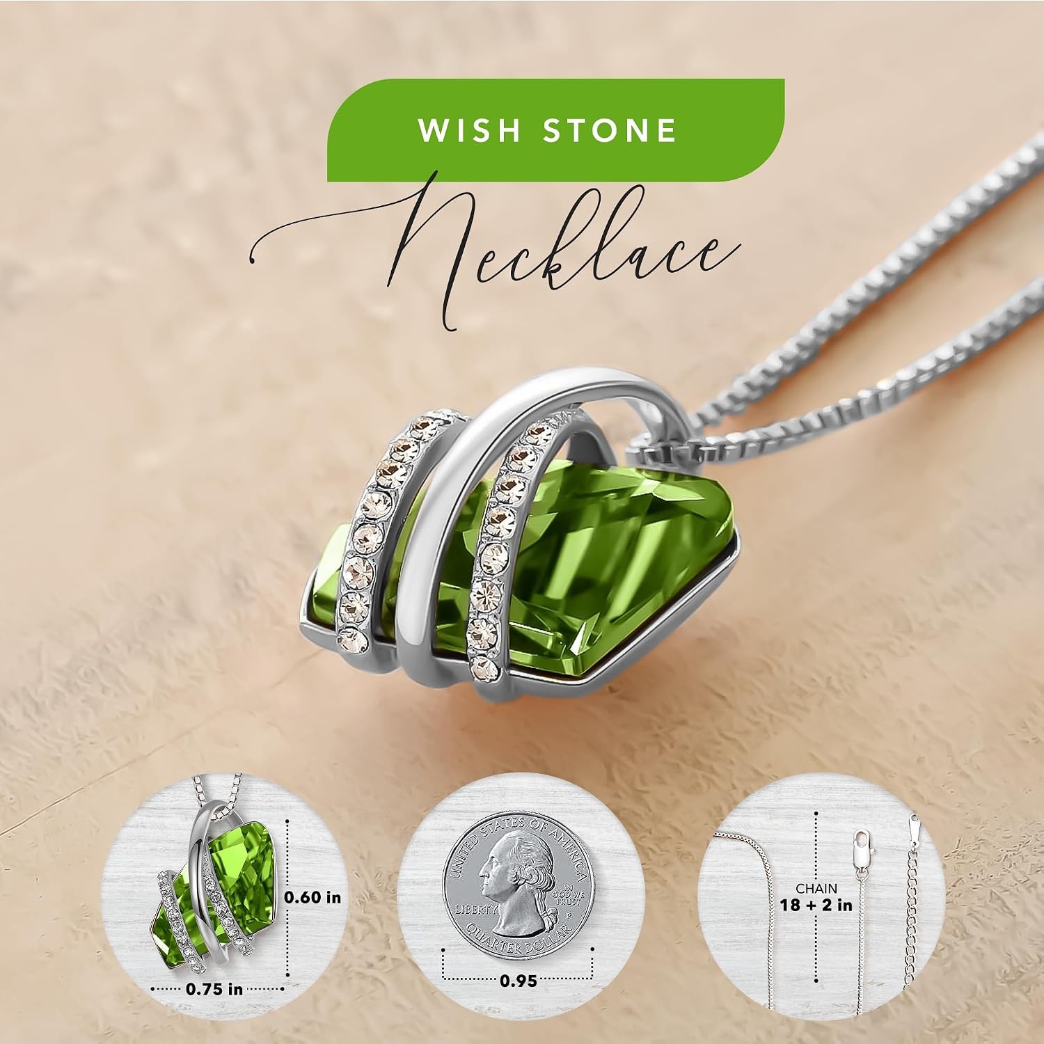 image:imageLeafael Wish Stone Pendant Necklace with Birthstone Crystal 18K Rose Gold PlatedSilvertone 18 2208AugustPeridot GreenSilvertone