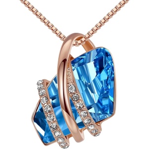 Leafael Wish Stone Pendant Necklace with Birthstone Crystal, 18K Rose Gold Plated/Silvertone, 18″ + 2″(103-March December-Aquamarine Blue-Rose Gold Plated)