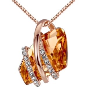 Leafael Wish Stone Pendant Necklace with Birthstone Crystal, 18K Rose Gold Plated/Silvertone, 18″ + 2″(111-November-Amber Brown-Rose Gold Plated)