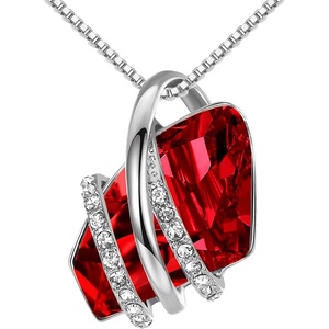 Leafael Wish Stone Pendant Necklace with Birthstone Crystal, 18K Rose Gold Plated/Silvertone, 18″ + 2″(201-January July-Ruby Red-Silvertone)