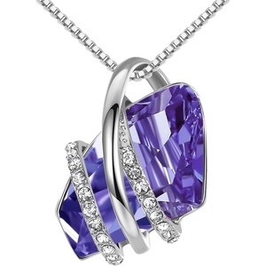 Leafael Wish Stone Pendant Necklace with Birthstone Crystal, 18K Rose Gold Plated/Silvertone, 18″ + 2″(202-February-Tanzanite Purple-Silvertone)