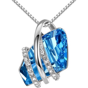 Leafael Wish Stone Pendant Necklace with Birthstone Crystal, 18K Rose Gold Plated/Silvertone, 18″ + 2″(203-March December-Aquamarine Blue-Silvertone)