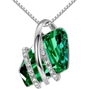 Leafael Wish Stone Pendant Necklace with Birthstone Crystal, 18K Rose Gold Plated/Silvertone, 18″ + 2″(205-May-Emerald Green-Silvertone)