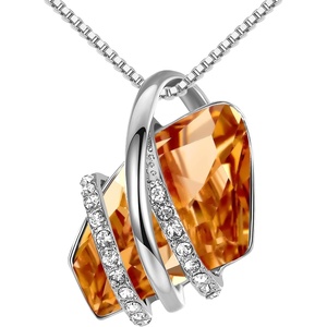 Leafael Wish Stone Pendant Necklace with Birthstone Crystal, 18K Rose Gold Plated/Silvertone, 18″ + 2″(211-November-Amber Brown-Silvertone)