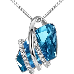 Leafael Wish Stone Pendant Necklace with Birthstone Crystal, 18K Rose Gold Plated/Silvertone, 18″ + 2″(212-December-Zircon Blue-Silvertone)