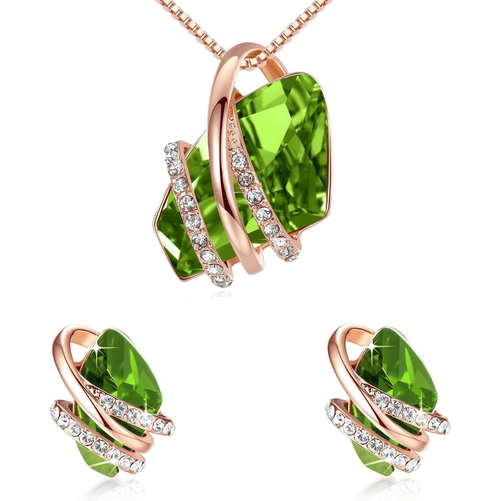 image:imageLeafael Wish Stone Necklace and Stud Earrings Jewelry Set for Women August Birthstone Peridot Green Crystal Jewelry Silver Tone Gifts for Women