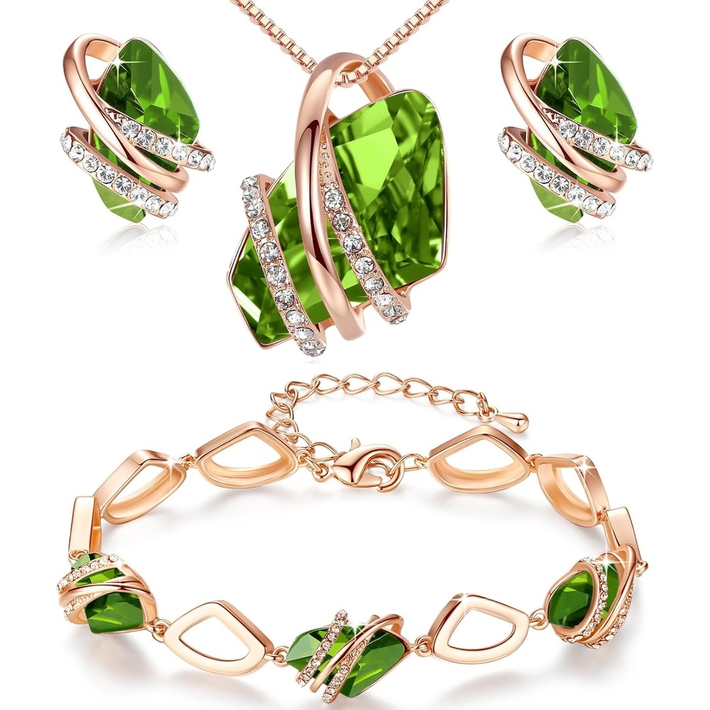 image:imageLeafael Wish Stone Necklace Stud Earrings and Bracelet Jewelry Set for Women August Birthstone Peridot Green Crystal Jewelry Silver Tone Gifts for Women
