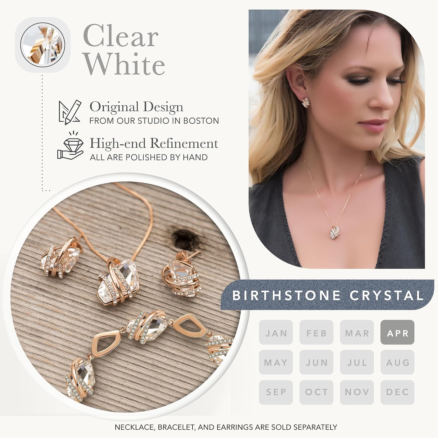 image:imageLeafael Wish Stone Necklace and Stud Earrings Jewelry Set for Women April Birthstone Clear White Crystal Jewelry Silver Tone Gifts for Women
