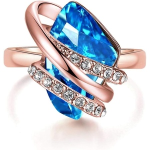 Leafael Wish Stone Adjustable Open Ring with Birthstone Crystals, 18K Rose Gold Plated or Silvertone, Size 6.5-8(103-March December Birthstone-Aquamarine Blue)